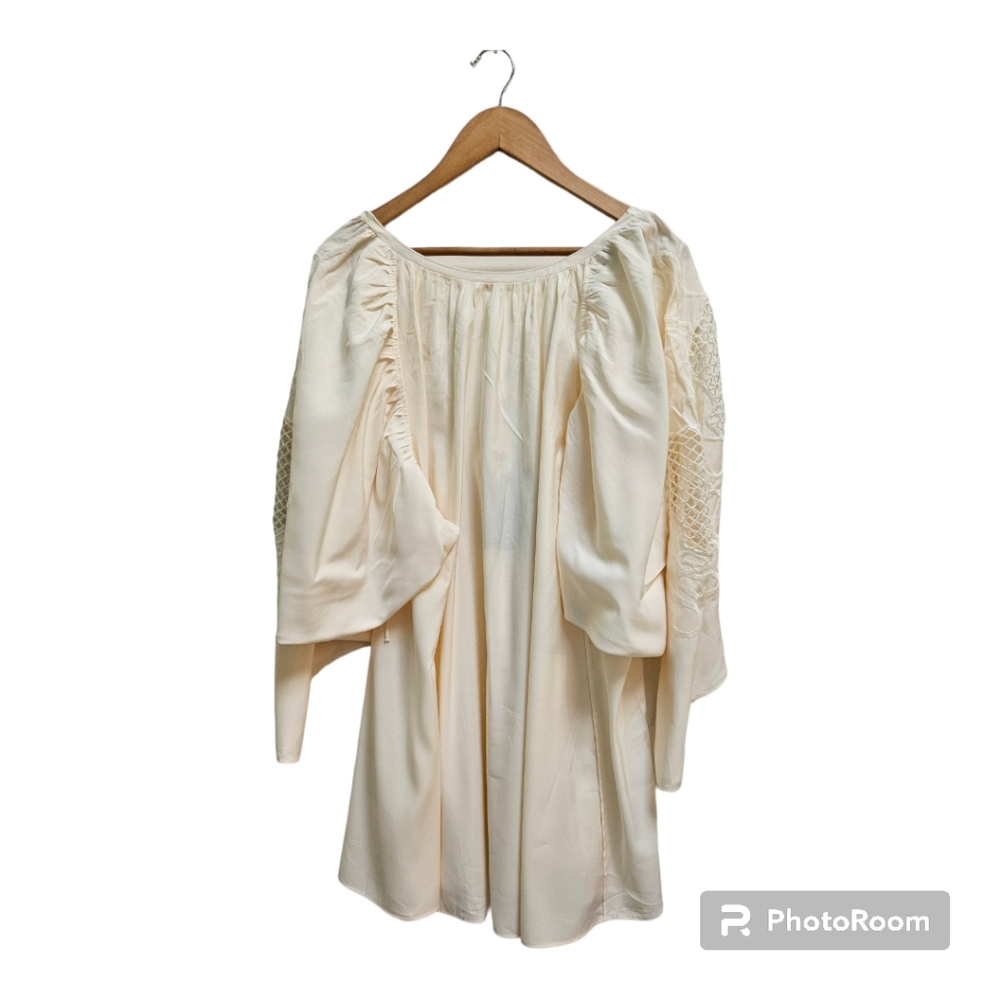 H&M Low Back Voluminous Embroidery Dress Balloon Sleeves Blogger Fave Cream L - Picture 5 of 16